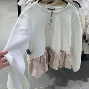 Zara white & beige ruffle hem contrast peplum sweatshirt crewneck
